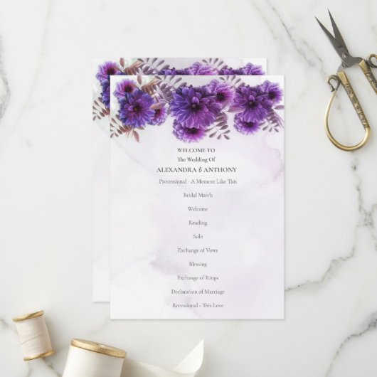 Programme Mariage Chrysanthème Aquarelle Violet (Devant/Arrière en situation)
