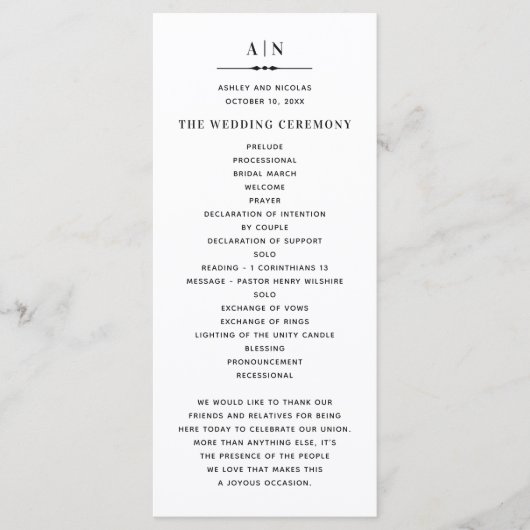 Programme Mariage classique à la typographie simple noir et (Devant)