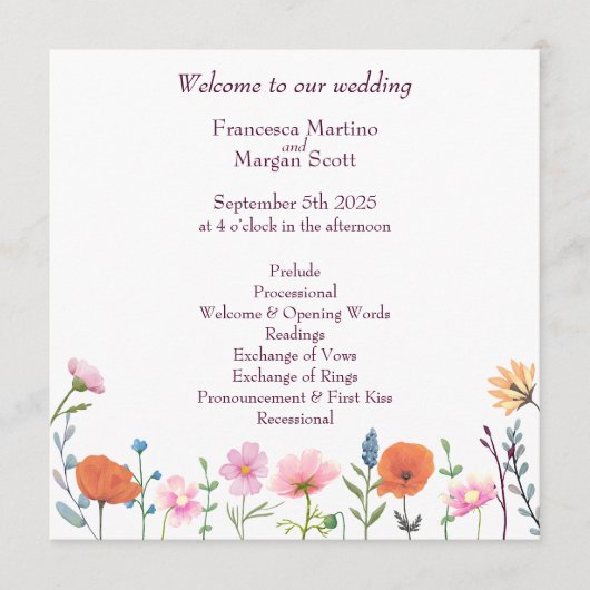 Programme Mariage classique couleur fleurie (Devant)