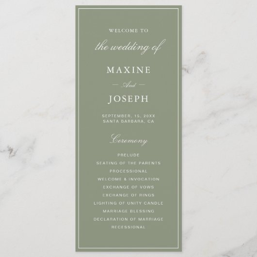 Programme Mariage Classique Vert Poussiéreux Script (Devant)