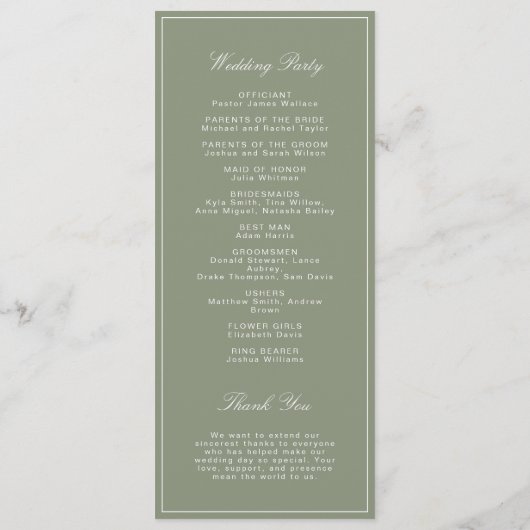 Programme Mariage Classique Vert Poussiéreux Script (Dos)