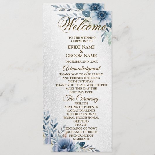 Programme Mariage d'accueil Dusty Blue Watercolor Flowers (Devant / Derrière)