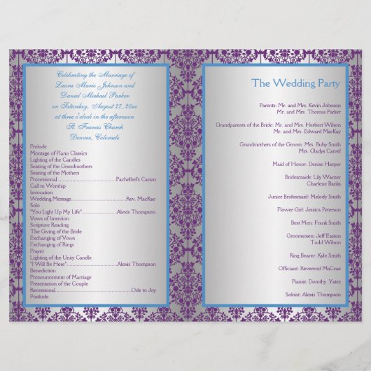 Programme Mariage damassé Argent, Bleu et Violet (Dos)