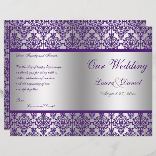 Programme Mariage damassé Argent et Violet (Devant / Derrière)
