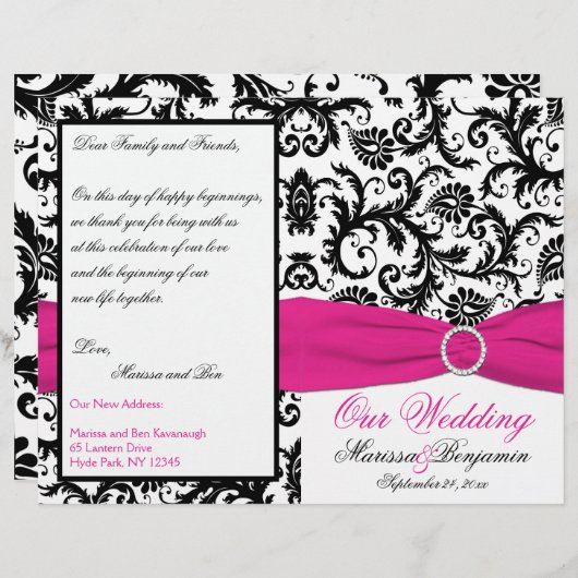Programme Mariage damassé Black, White et Fuchsia (Devant / Derrière)