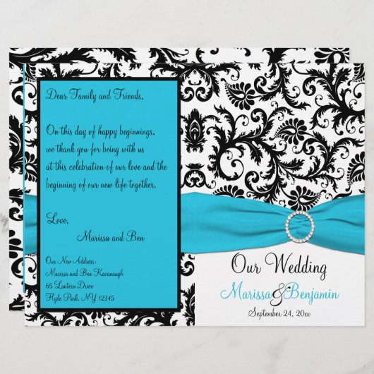 Programme Mariage damassé bleu, blanc et noir (Devant / Derrière)