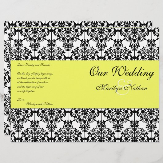 Programme Mariage damassé jaune, noir et blanc (Devant / Derrière)