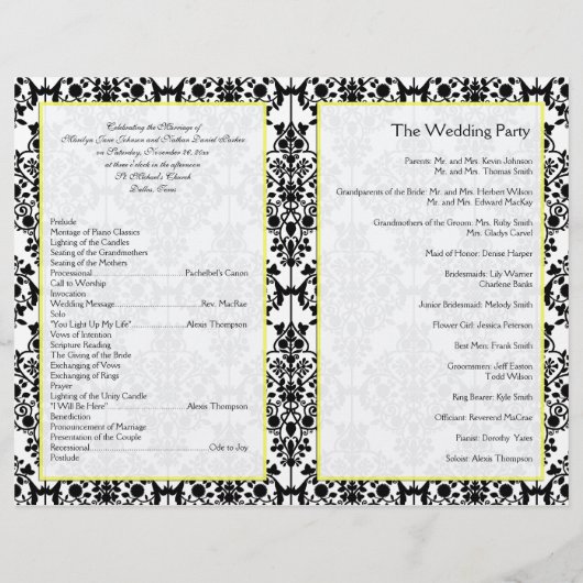 Programme Mariage damassé jaune, noir et blanc (Dos)