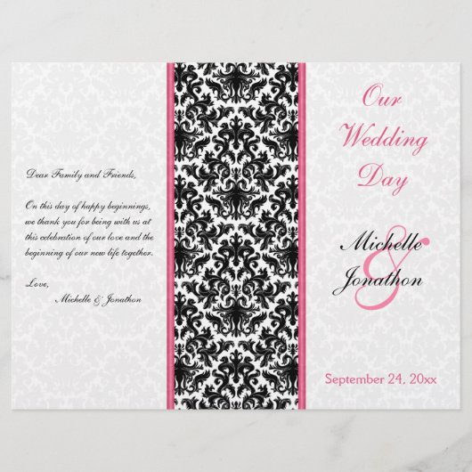 Programme Mariage damassé noir, blanc et rose (Devant)
