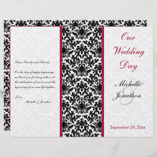 Programme Mariage damassé noir, blanc et rouge (Devant / Derrière)
