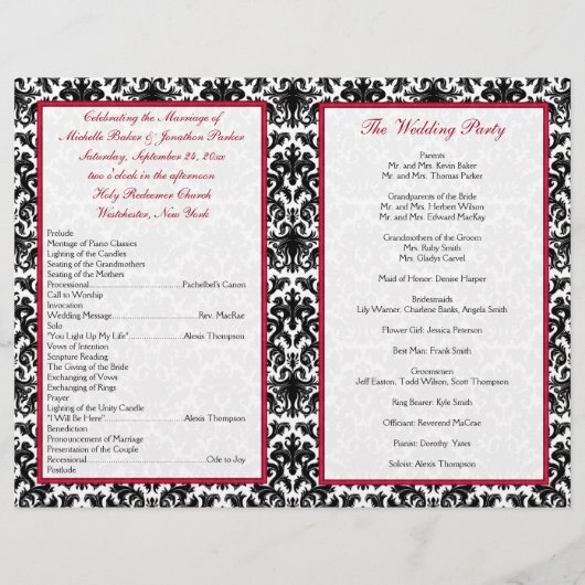 Programme Mariage damassé noir, blanc et rouge (Dos)