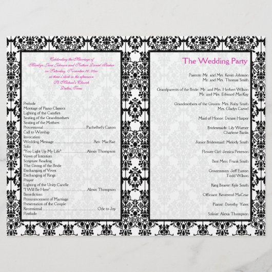 Programme Mariage damassé rose, blanc et noir (Dos)