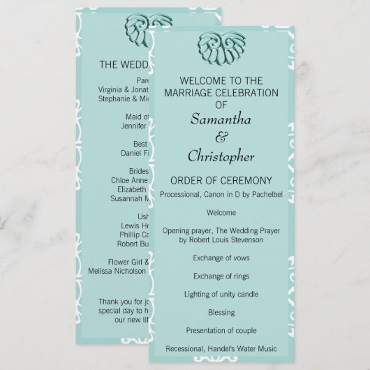 Programme Mariage damassé turquoise (Devant / Derrière)