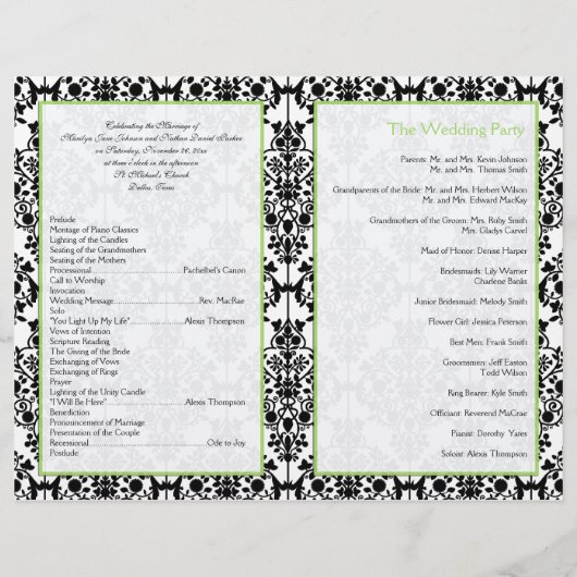 Programme Mariage damassé vert, noir et blanc (Dos)