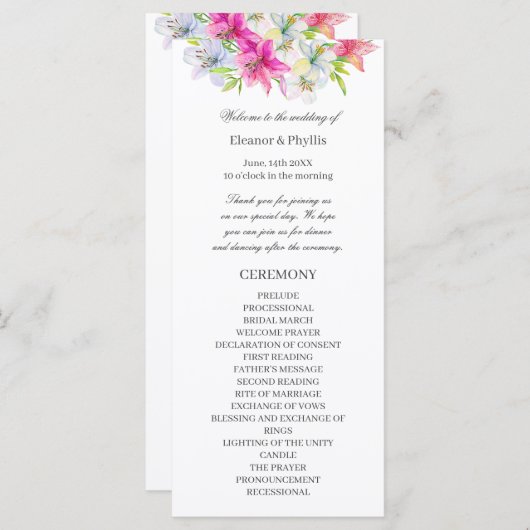 Programme mariage d'aquarelle (Devant / Derrière)