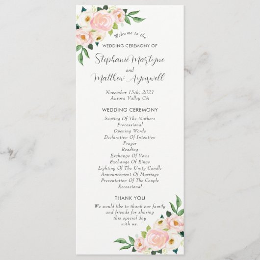 Programme Mariage d'aquarelle botanique de rose pâle (Devant)