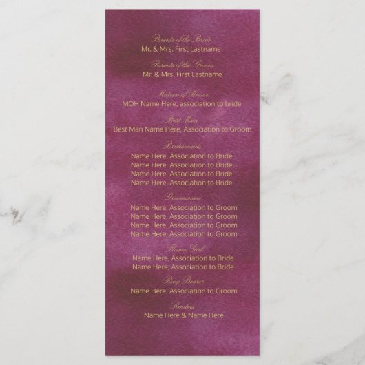 Programme Mariage d'aquarelle canneberge et or (Dos)