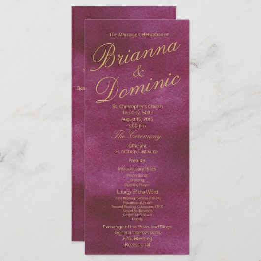 Programme Mariage d'aquarelle canneberge et or (Devant / Derrière)