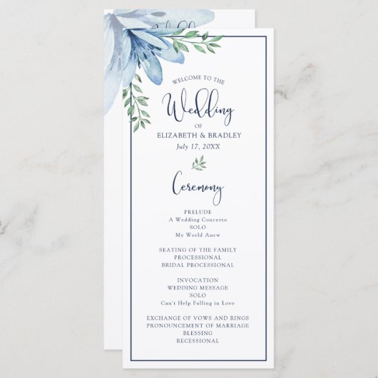 Programme mariage d'aquarelle Floral Blue Bloom (Devant / Derrière)