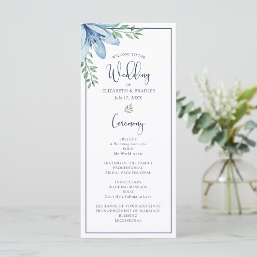 Programme mariage d'aquarelle Floral Blue Bloom (Debout devant)