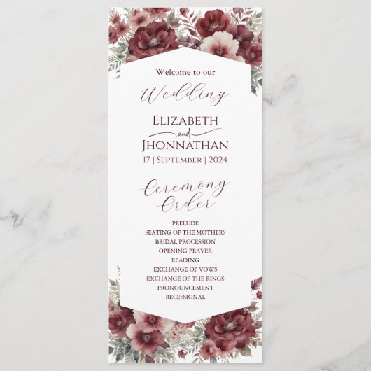 Programme Mariage d'aquarelle florale rustique de Bourgogne (Devant)