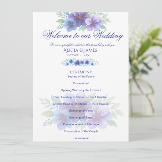 Programme Mariage d'aquarelle romantique bleu violet (Debout devant)