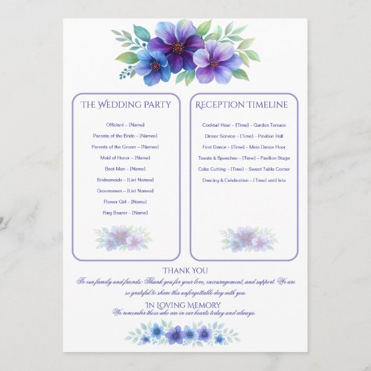Programme Mariage d'aquarelle romantique bleu violet (Dos)