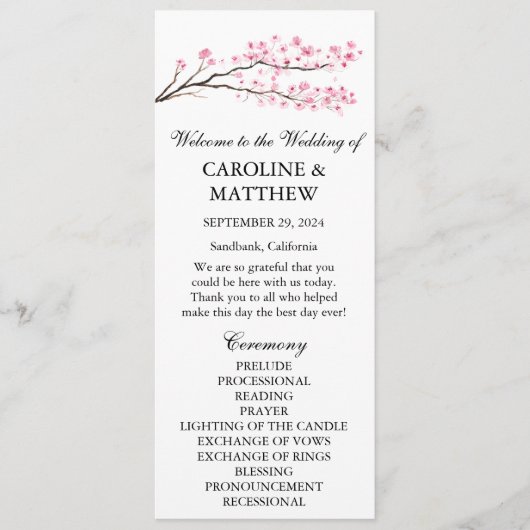 Programme Mariage d'aquarelle rose fleurs cerise (Devant)