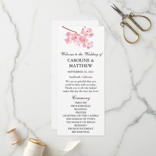 Programme Mariage d'aquarelle rose fleurs cerise (Devant/Arrière en situation)