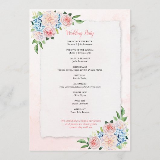 Programme Mariage d'aquarelle rose pâle Hydrangea (Dos)