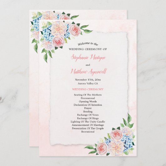 Programme Mariage d'aquarelle rose pâle Hydrangea (Devant / Derrière)