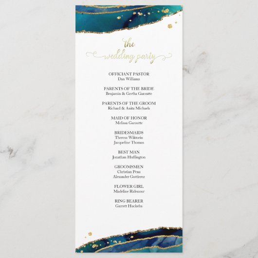 Programme Mariage d'aquarelle turquoise Gold Agate (Dos)