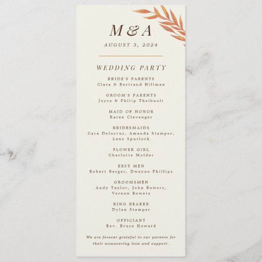 Programme Mariage de automne simple de branche orange (Dos)