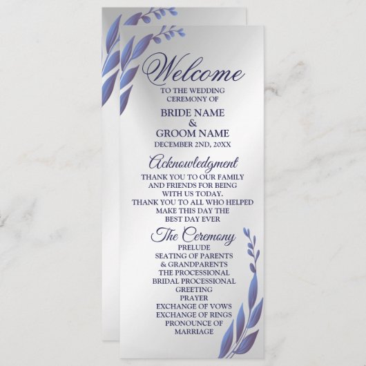 Programme Mariage de bienvenue Purple Bleu Floral Argent Mod (Devant / Derrière)