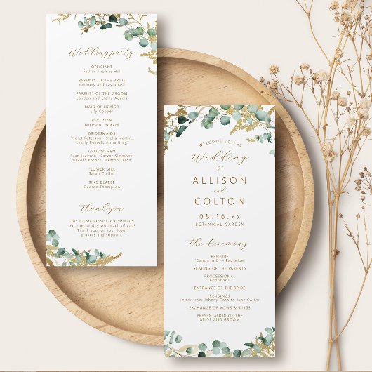 Programme Mariage de boho d'or de l'eucalyptus rustique