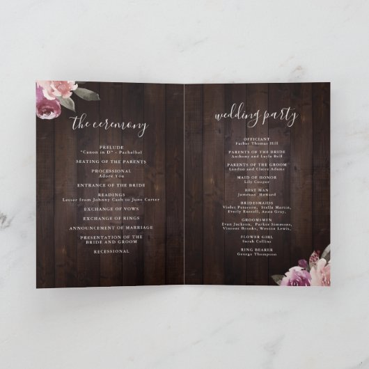 Programme Mariage de bois rustique mauve et mûrier (Intérieur)