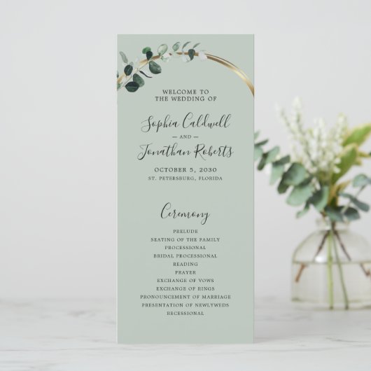 Programme Mariage de calligraphie romantique Eucalyptus Sage (Debout devant)
