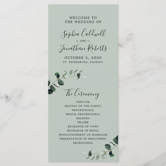 Programme Mariage de calligraphie romantique Eucalyptus Sage (Devant)