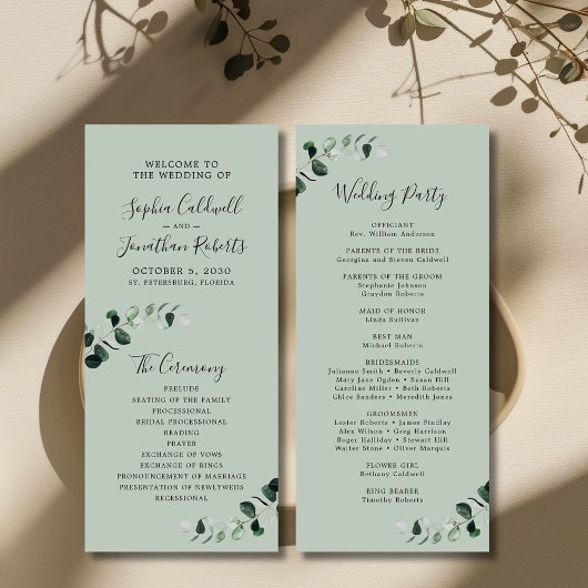 Programme Mariage de calligraphie romantique Eucalyptus Sage