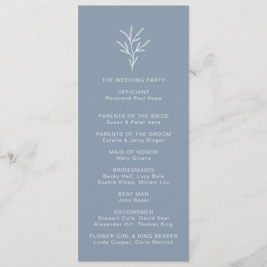 Programme Mariage de chronologie bleu dusty minimum formel (Dos)