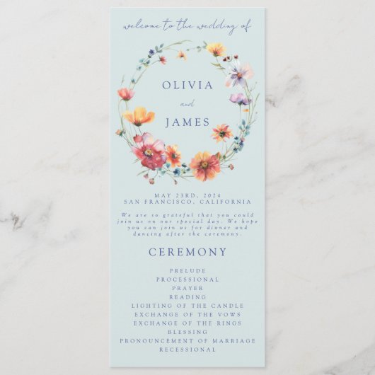 Programme Mariage de courroie Fleur sauvage d'aquarelle bleu (Devant)