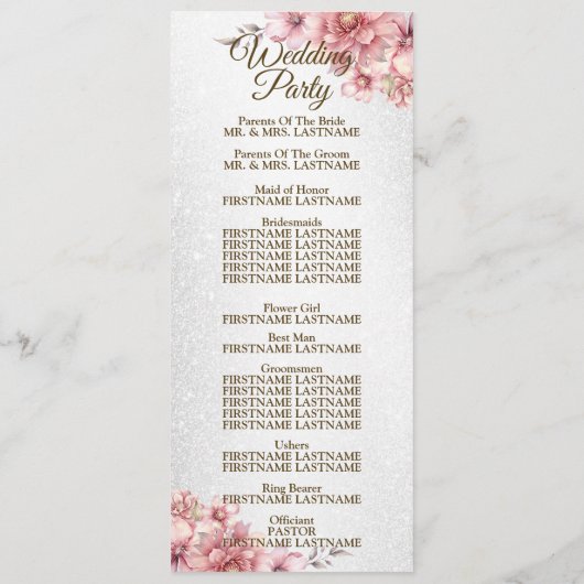 Programme Mariage de fête d'accueil rose aquarelle Fleur bri (Dos)