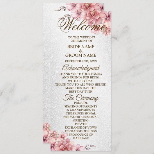 Programme Mariage de fête d'accueil rose aquarelle Fleur bri (Devant / Derrière)