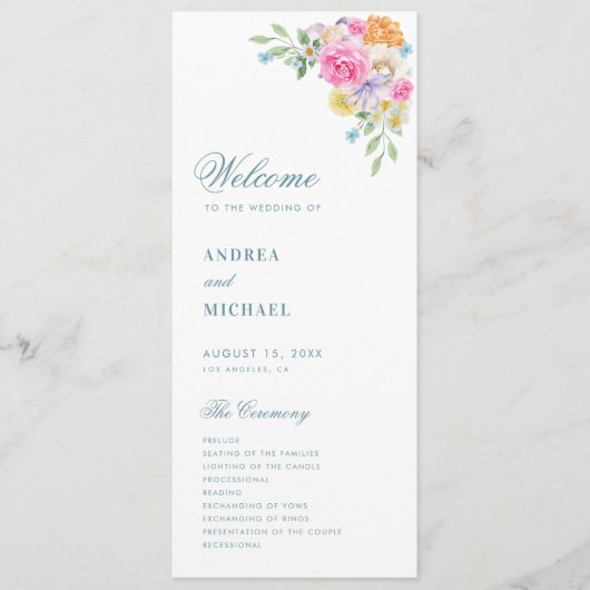 Programme Mariage de fleurs florales d'été rose bleu (Devant)