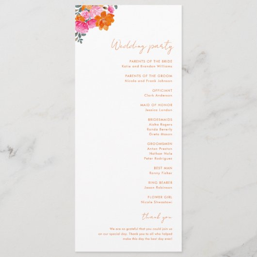Programme Mariage de fleurs florales d'été rose orange (Dos)