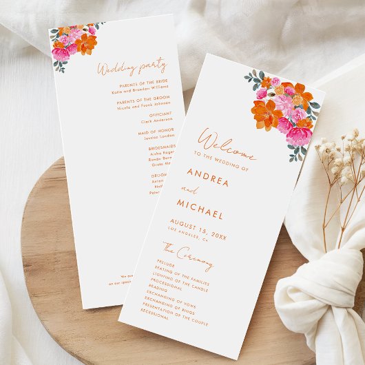 Programme Mariage de fleurs florales d'été rose orange