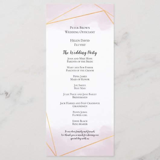 Programme Mariage de lignes géométriques couleur or rose pâl (Dos)