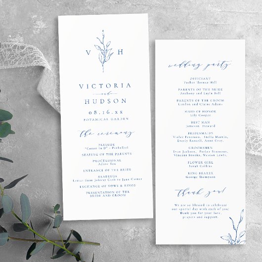 Programme Mariage de monogramme botanique simple bleu