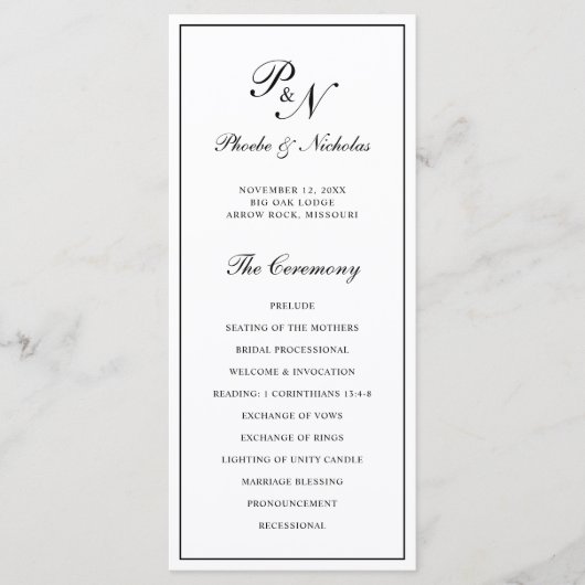 Programme Mariage de monogramme élégant en noir et blanc (Devant)