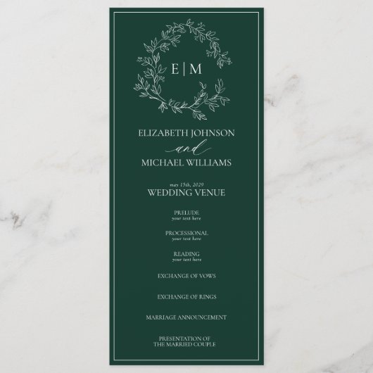 Programme Mariage de monogramme vert émeraude moderne (Devant)